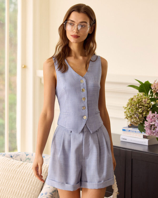 Blue High-Waisted Pleated Shorts - Image 3