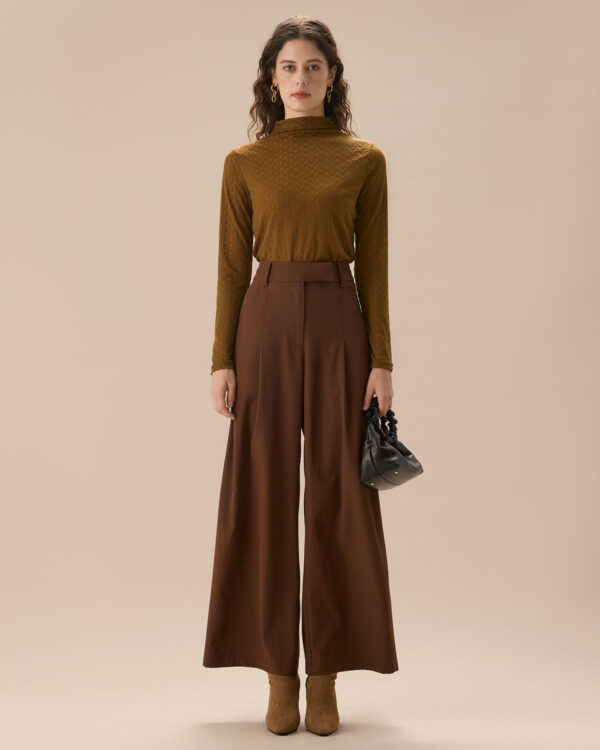 Brown High Waisted Pockets Straight Pants - Image 3