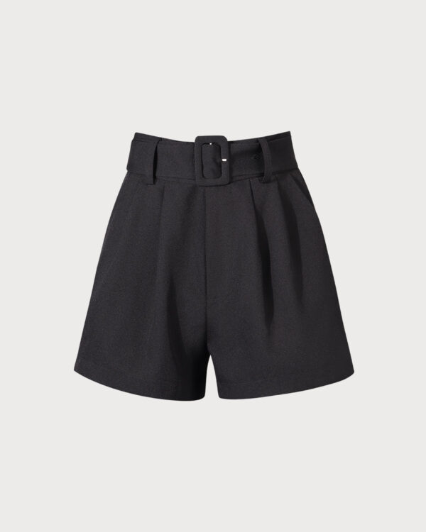 Black High-waisted Pleated Belted Shorts - Image 6