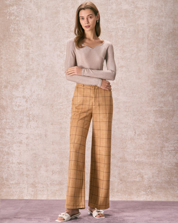 Khaki High Waisted Plaid Wide Leg Pants - Image 3