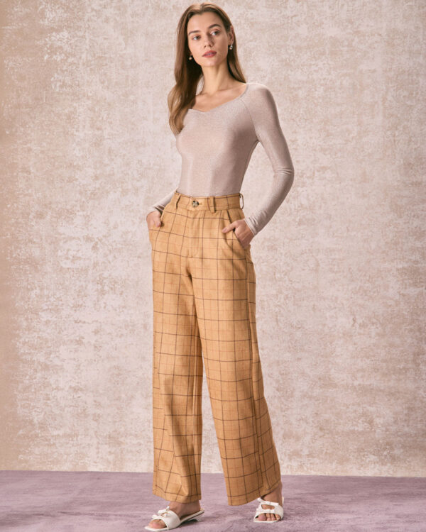 Khaki High Waisted Plaid Wide Leg Pants - Image 4