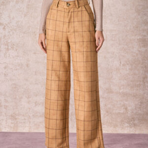 Khaki High Waisted Plaid Wide Leg Pants