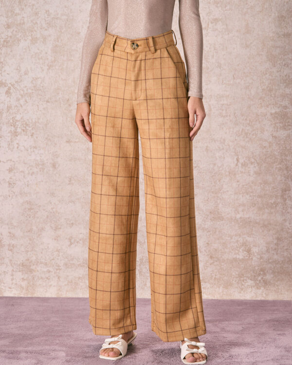 Khaki High Waisted Plaid Wide Leg Pants