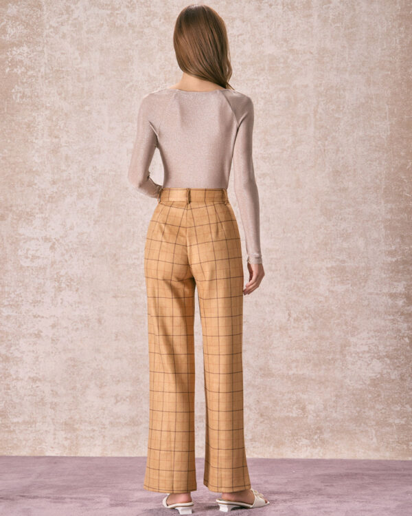 Khaki High Waisted Plaid Wide Leg Pants - Image 5
