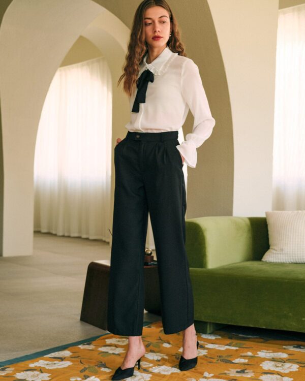 Solid Pleated High-waisted Pants - Image 2