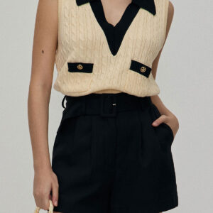 Black High-waisted Pleated Belted Shorts