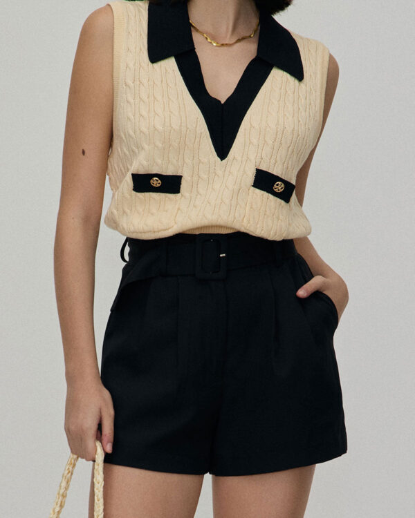 Black High-waisted Pleated Belted Shorts