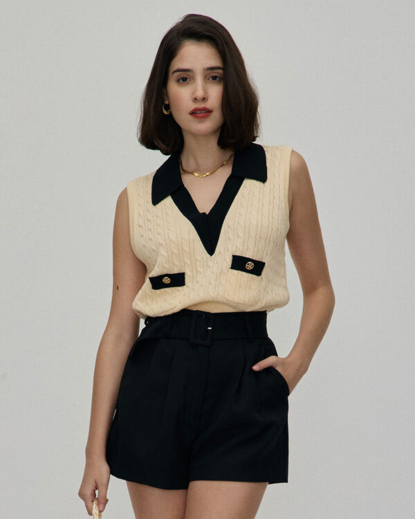 Black High-waisted Pleated Belted Shorts - Image 2