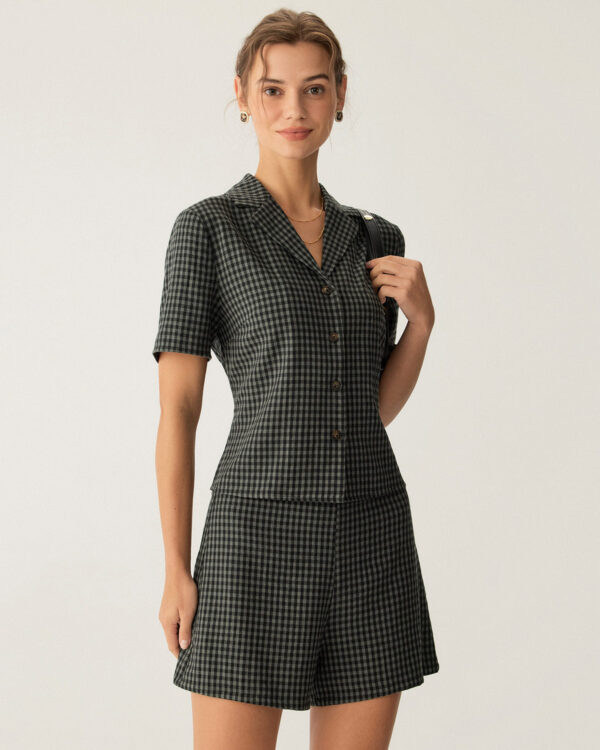 Grey High Waisted Plaid Shorts - Image 3