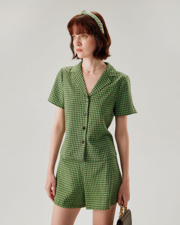 Green High Waisted Plaid Shorts - Image 2