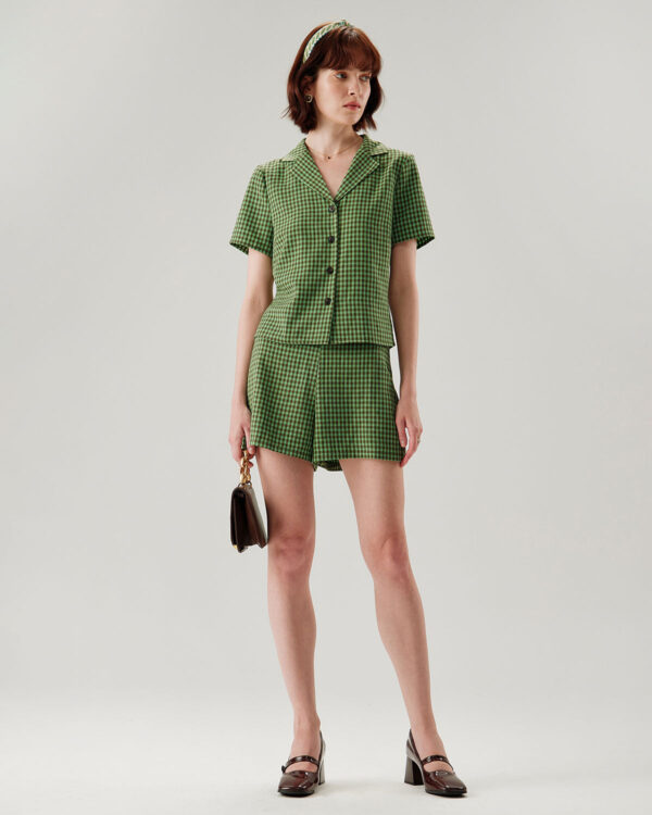 Green High Waisted Plaid Shorts - Image 4