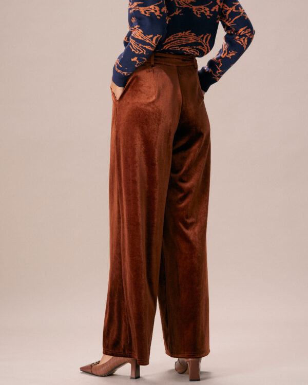 Brown High Waisted Velvet Wide Leg Pants - Image 4