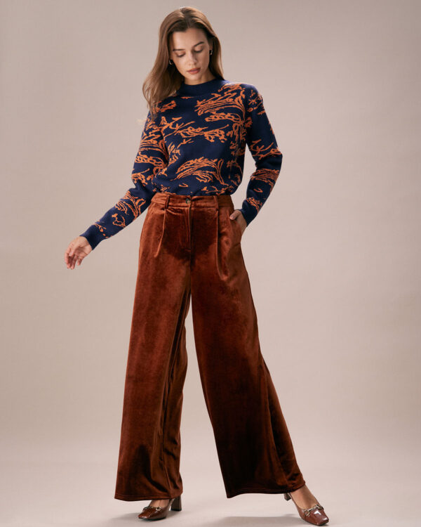 Brown High Waisted Velvet Wide Leg Pants - Image 3