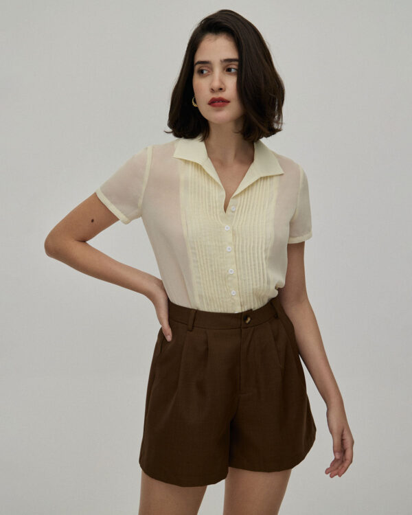 Coffee Pleated High-Waisted Wide Leg Shorts - Image 3