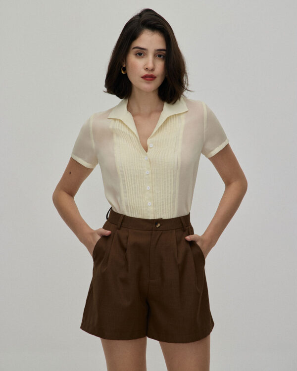 Coffee Pleated High-Waisted Wide Leg Shorts - Image 2