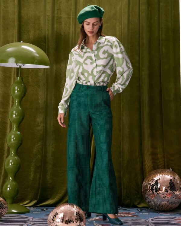 Green Houndstooth Wide Leg Pants - Image 5