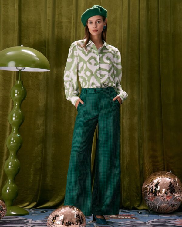 Green Houndstooth Wide Leg Pants - Image 4