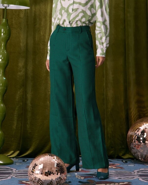 Green Houndstooth Wide Leg Pants
