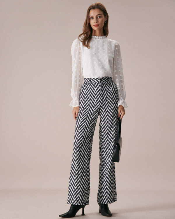 Grey Wave Pattern Button Straight Pants - Image 3