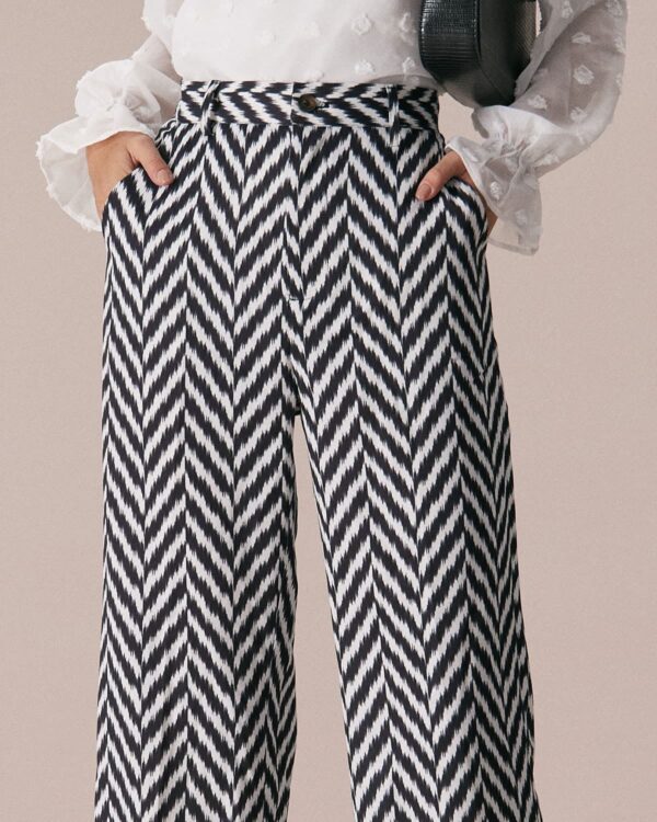 Grey Wave Pattern Button Straight Pants - Image 2