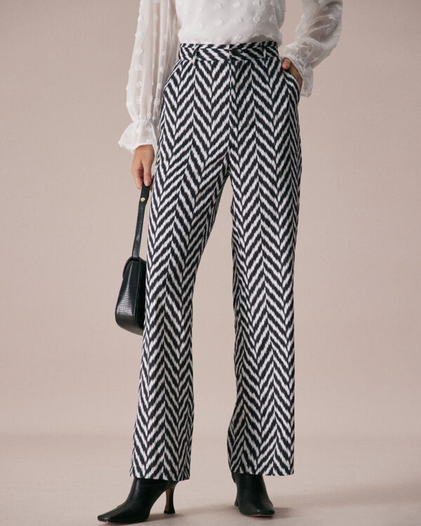 Grey Wave Pattern Button Straight Pants