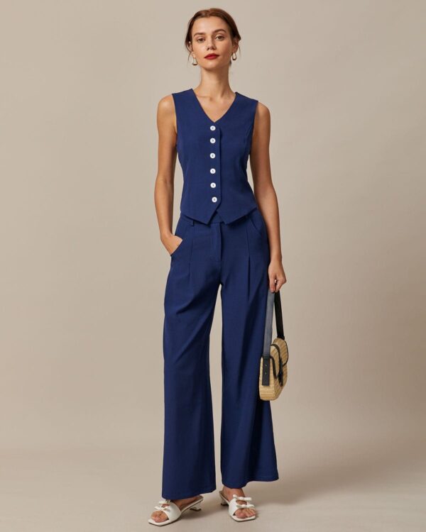 Navy High Waisted Pockets Straight Pants - Image 2