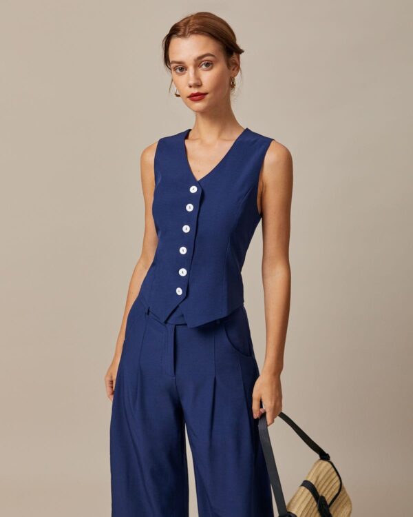 Navy High Waisted Pockets Straight Pants - Image 3