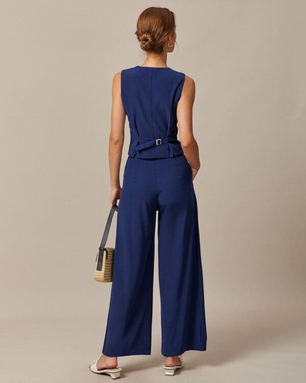 Navy High Waisted Pockets Straight Pants - Image 5