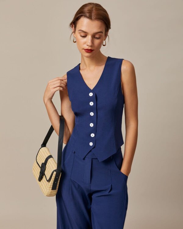 Navy High Waisted Pockets Straight Pants - Image 4