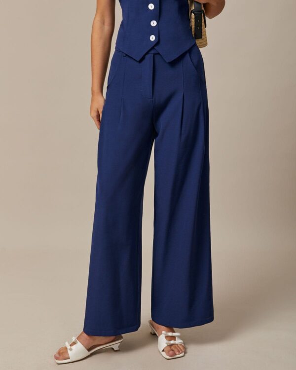Navy High Waisted Pockets Straight Pants