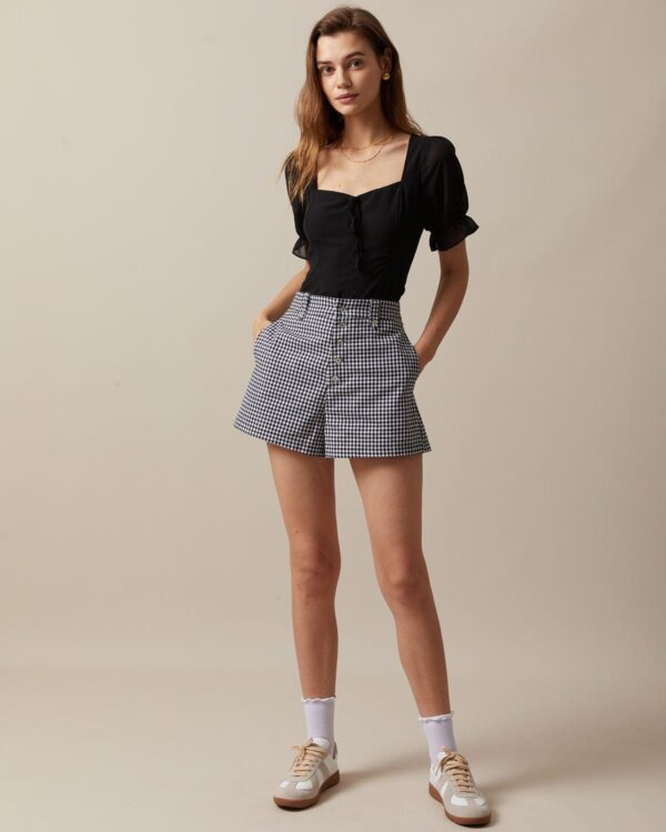 Black High Waisted Button Up Plaid Shorts - Image 3