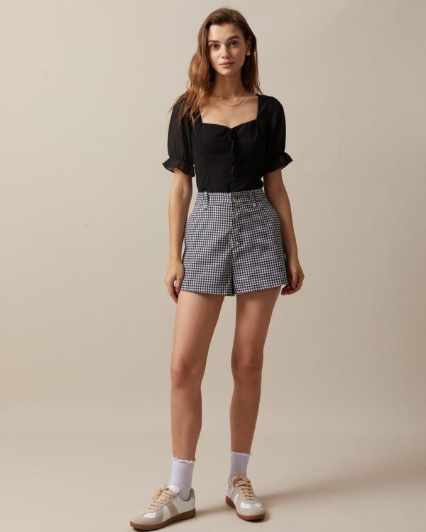Black High Waisted Button Up Plaid Shorts - Image 2