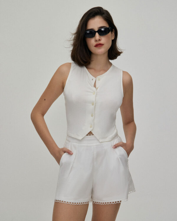 White Lace Trim High-Waisted Shorts - Image 2