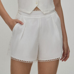 White Lace Trim High-Waisted Shorts