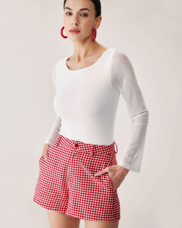 Red Plaid High-waisted Pocket Shorts - Image 2