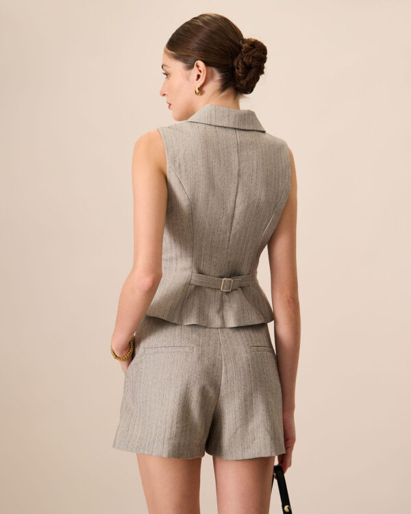 Women's Grey Lapel Pleated Pocket Shorts - Image 4