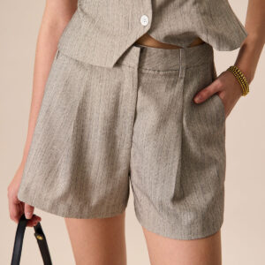 Women's Grey Lapel Pleated Pocket Shorts