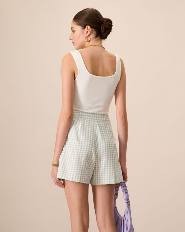 Women's Green Plaid Pocket Wide-leg Shorts - Image 4