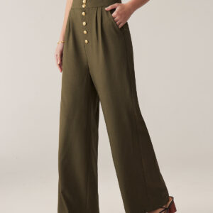 Green High-Waisted Straight Wide-Leg Pants