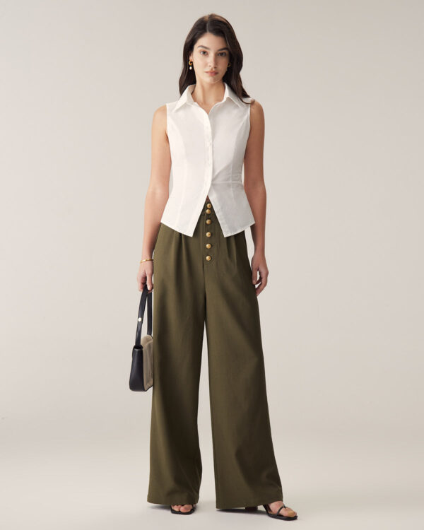 Green High-Waisted Straight Wide-Leg Pants - Image 2