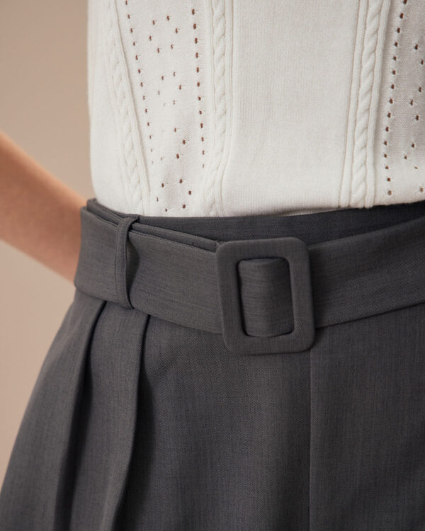 Women's Grey High-Waisted Belted Pleated Shorts - Image 2
