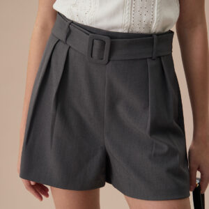 Women's Grey High-Waisted Belted Pleated Shorts